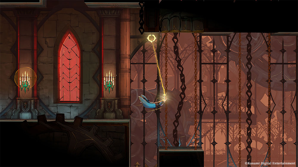 Rose Belmont swinging on the Vampire Killer whip inside a gothic hall