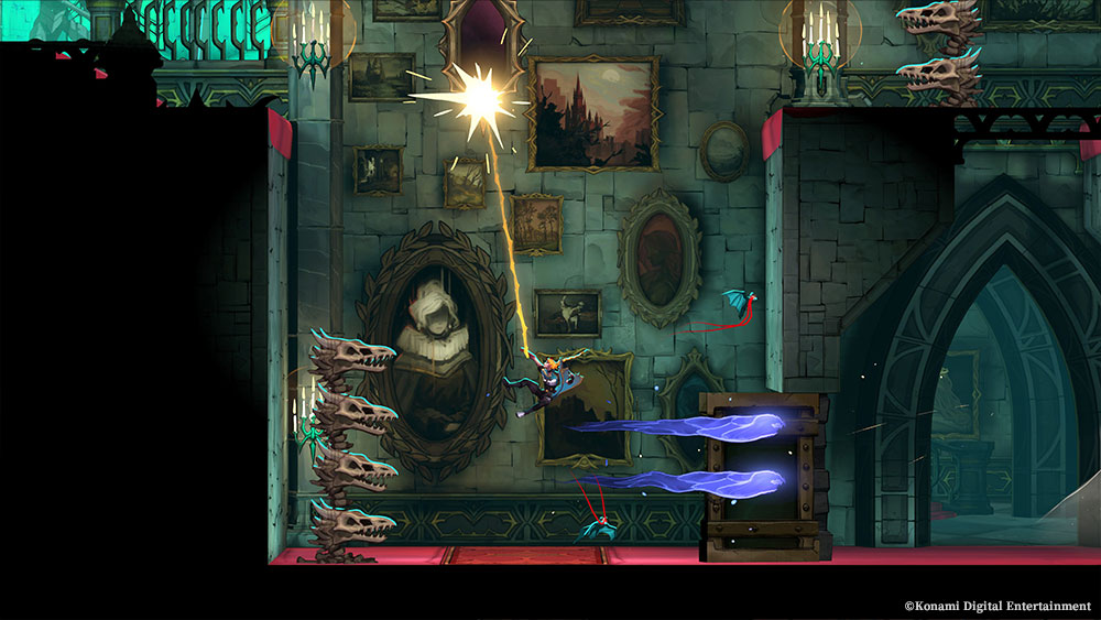 Rose Belmont using whip traversal across a Paris interior in Castlevania: Belmont's Curse